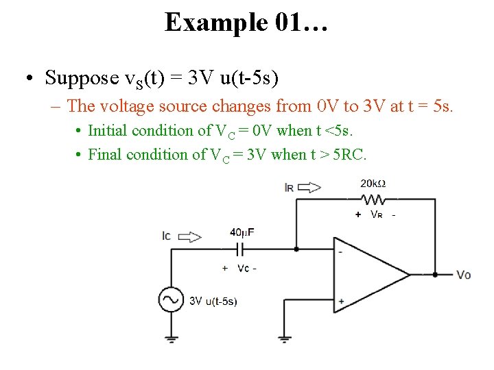 Example 01… • Suppose v. S(t) = 3 V u(t-5 s) – The voltage