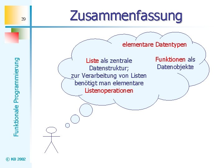 39 Zusammenfassung Funktionale Programmierung elementare Datentypen © KB 2002 Liste als zentrale Datenstruktur; zur