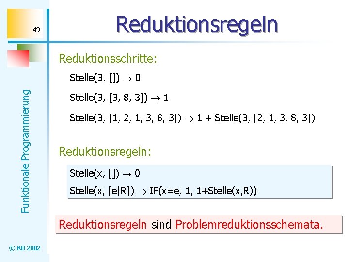 49 Reduktionsregeln Reduktionsschritte: Funktionale Programmierung Stelle(3, []) 0 Stelle(3, [3, 8, 3]) 1 Stelle(3,
