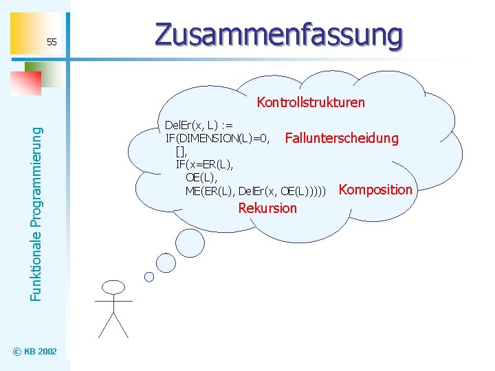 55 Zusammenfassung Funktionale Programmierung Kontrollstrukturen © KB 2002 Del. Er(x, L) : = IF(DIMENSION(L)=0,