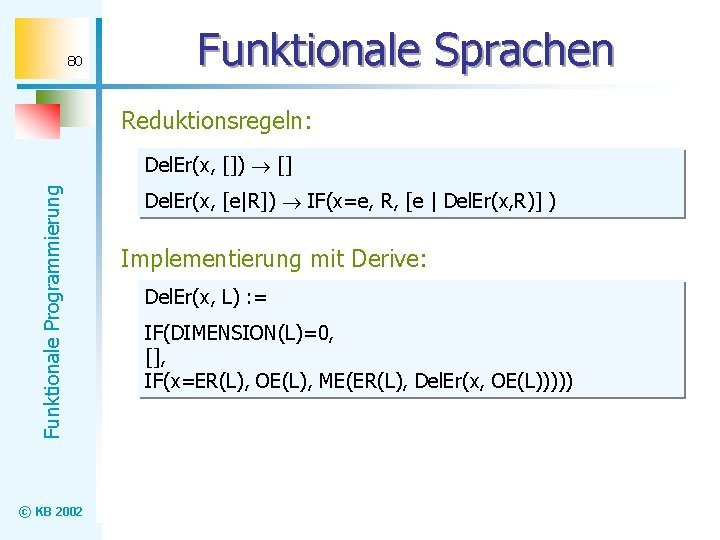 80 Funktionale Sprachen Reduktionsregeln: Funktionale Programmierung Del. Er(x, []) [] © KB 2002 Del.