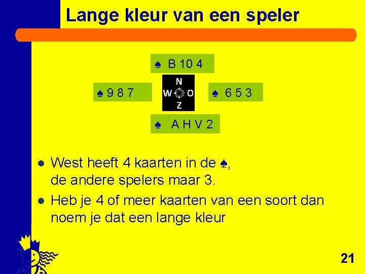 Lange kleur van een speler ♠ B 10 4 ♠ 987 ♠ 653 ♠