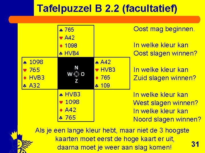 Tafelpuzzel B 2. 2 (facultatief) Oost mag beginnen. 765 A 42 1098 HVB 4