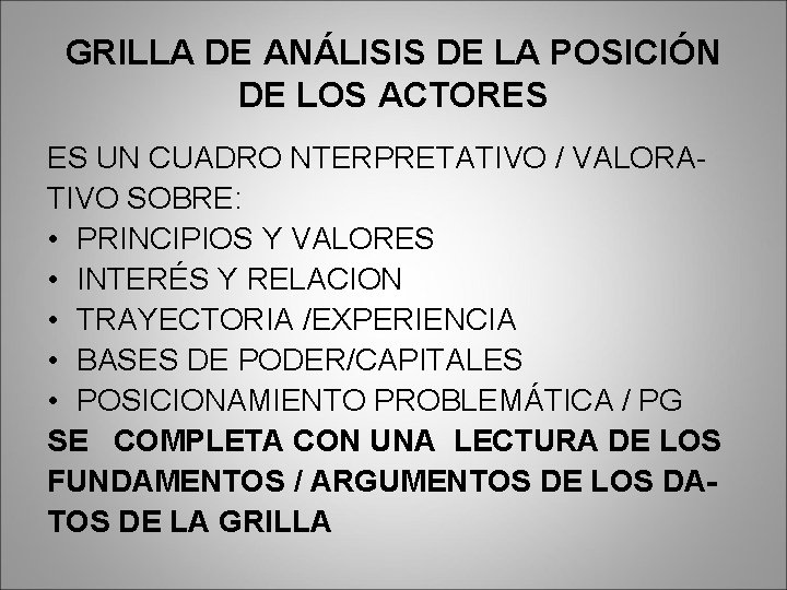 GRILLA DE ANÁLISIS DE LA POSICIÓN DE LOS ACTORES ES UN CUADRO NTERPRETATIVO /