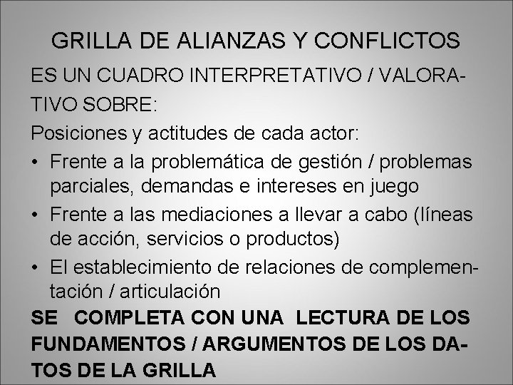 GRILLA DE ALIANZAS Y CONFLICTOS ES UN CUADRO INTERPRETATIVO / VALORATIVO SOBRE: Posiciones y