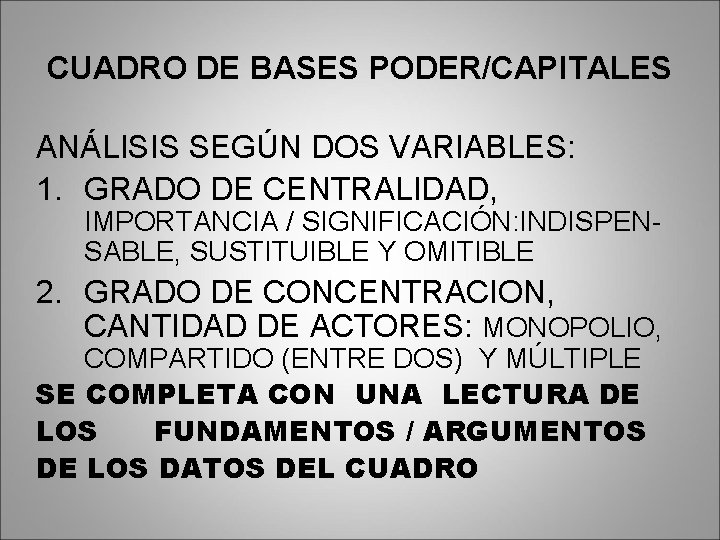 CUADRO DE BASES PODER/CAPITALES ANÁLISIS SEGÚN DOS VARIABLES: 1. GRADO DE CENTRALIDAD, IMPORTANCIA /