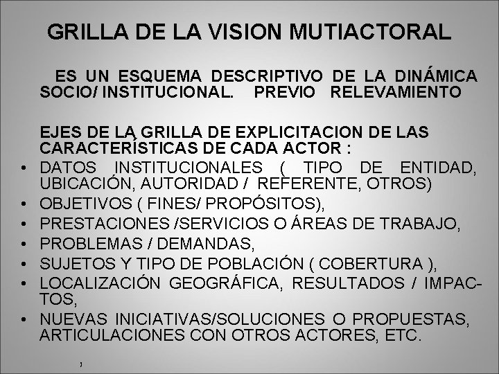 GRILLA DE LA VISION MUTIACTORAL ES UN ESQUEMA DESCRIPTIVO DE LA DINÁMICA SOCIO/ INSTITUCIONAL.