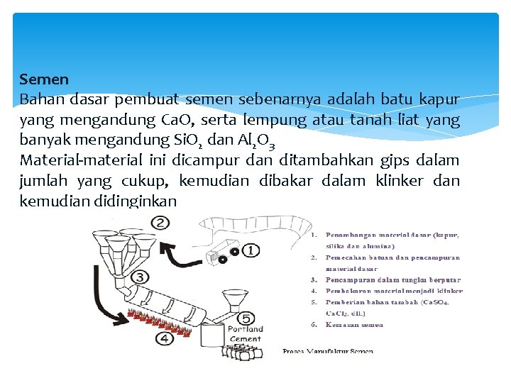 Semen Bahan dasar pembuat semen sebenarnya adalah batu kapur yang mengandung Ca. O, serta