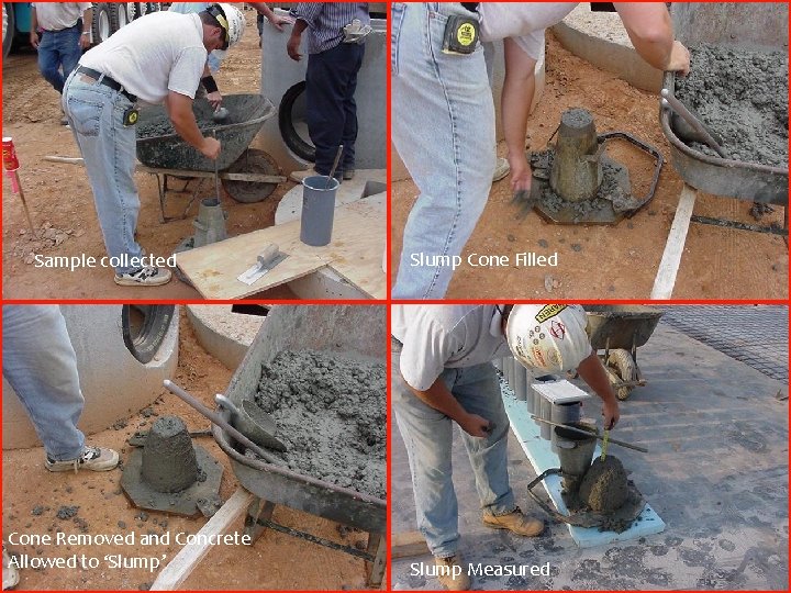 Sample collected Cone Removed and Concrete Allowed to ‘Slump’ Slump Cone Filled Slump Measured
