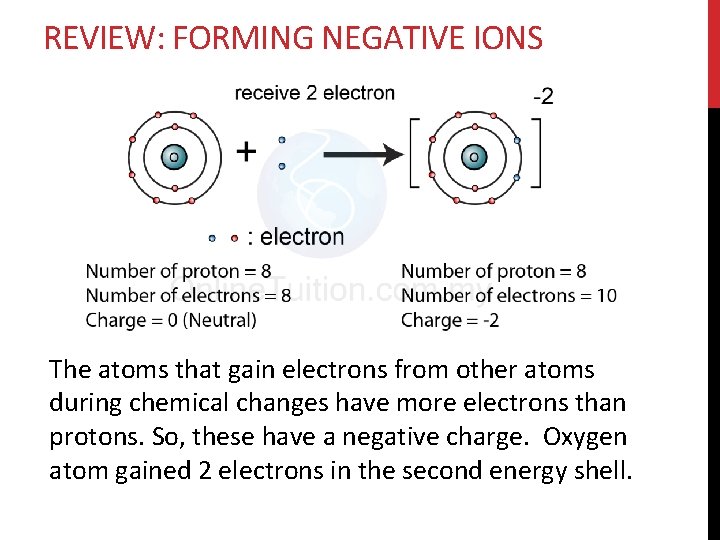 REVIEW: FORMING NEGATIVE IONS The atoms that gain electrons from other atoms during chemical