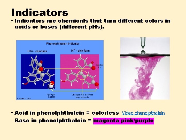 Indicators • Indicators are chemicals that turn different colors in acids or bases (different