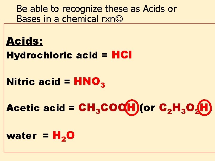 Be able to recognize these as Acids or Bases in a chemical rxn Acids: