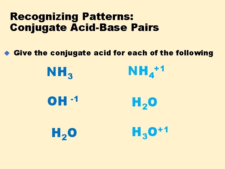 Recognizing Patterns: Conjugate Acid-Base Pairs u Give the conjugate acid for each of the