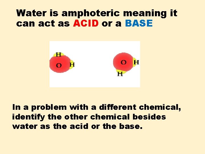 Water is amphoteric meaning it can act as ACID or a BASE In a