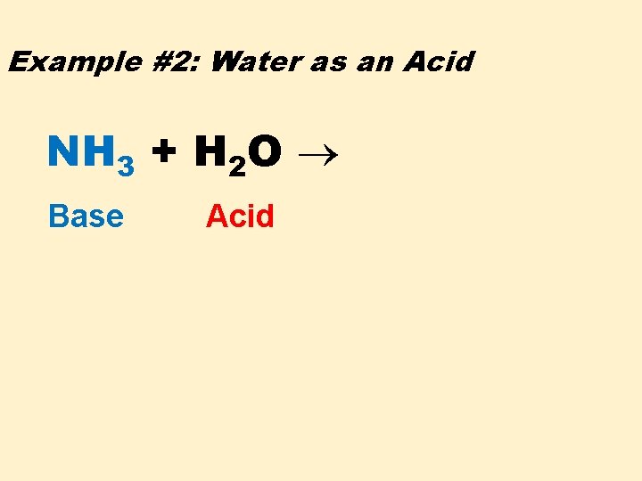 Example #2: Water as an Acid NH 3 + H 2 O Base Acid