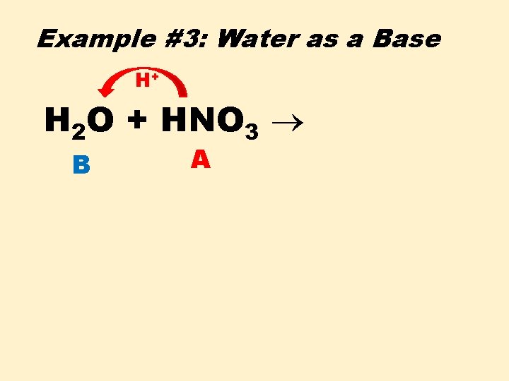 Example #3: Water as a Base H+ H 2 O + HNO 3 B