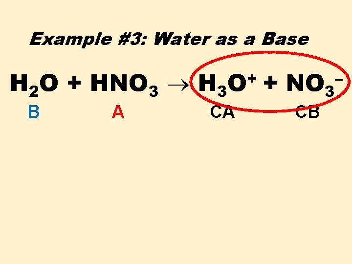 Example #3: Water as a Base H 2 O + HNO 3 H 3
