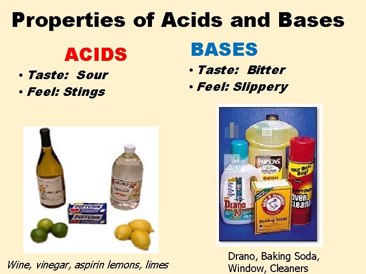 Properties of Acids and Bases ACIDS • Taste: Sour • Feel: Stings Wine, vinegar,