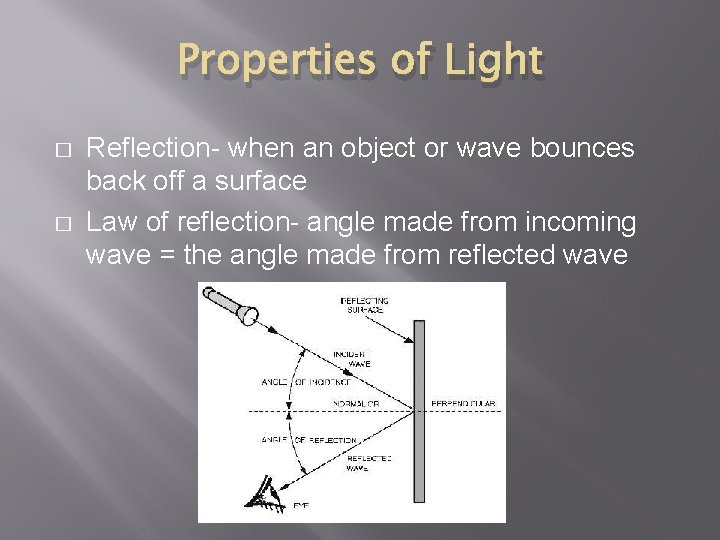 Properties of Light � � Reflection- when an object or wave bounces back off