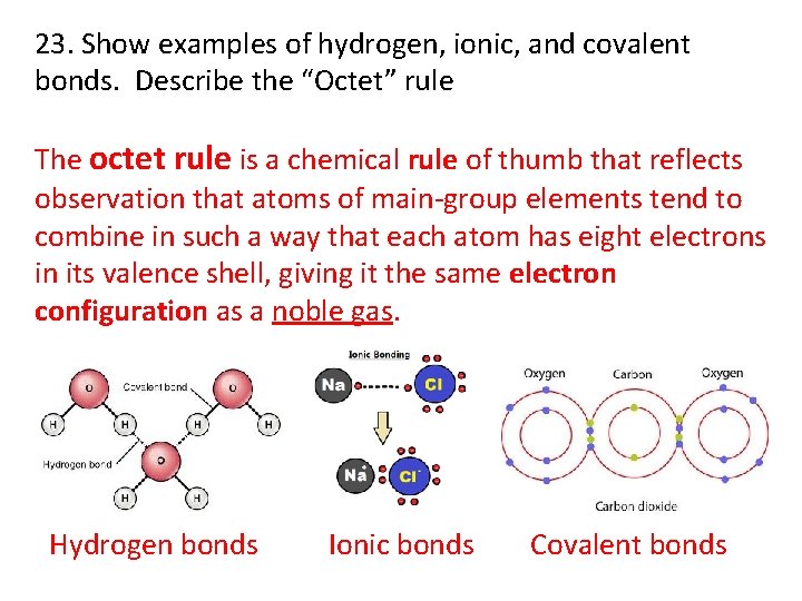 23. Show examples of hydrogen, ionic, and covalent bonds. Describe the “Octet” rule The