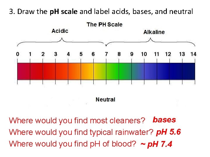 3. Draw the p. H scale and label acids, bases, and neutral Where would