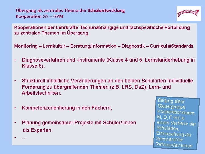 Übergang als zentrales Thema der Schulentwicklung Kooperation GS – GYM Kooperationen der Lehrkräfte: fachunabhängige