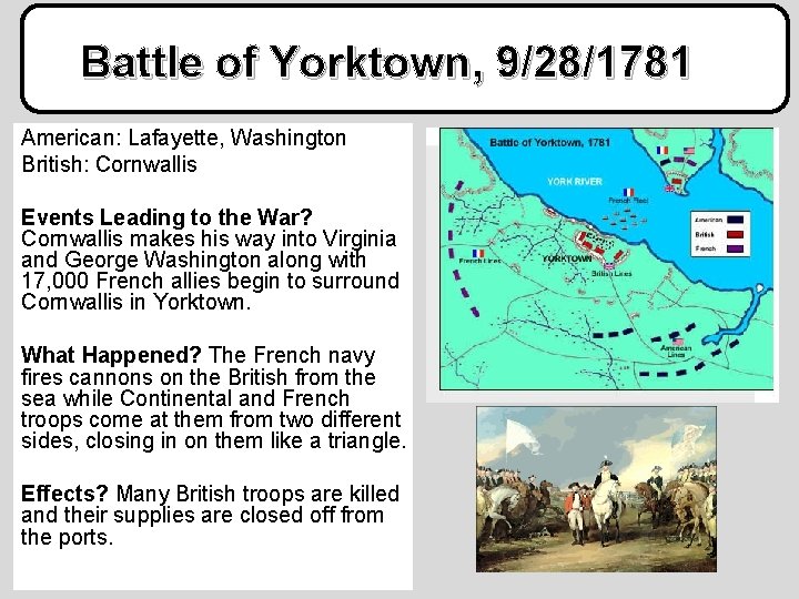 Battle of Yorktown, 9/28/1781 American: Lafayette, Washington British: Cornwallis Events Leading to the War?