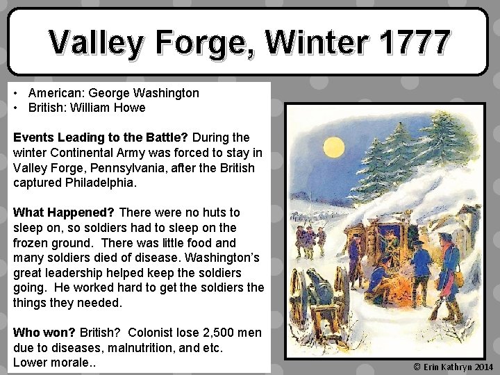 Valley Forge, Winter 1777 • American: George Washington • British: William Howe Events Leading
