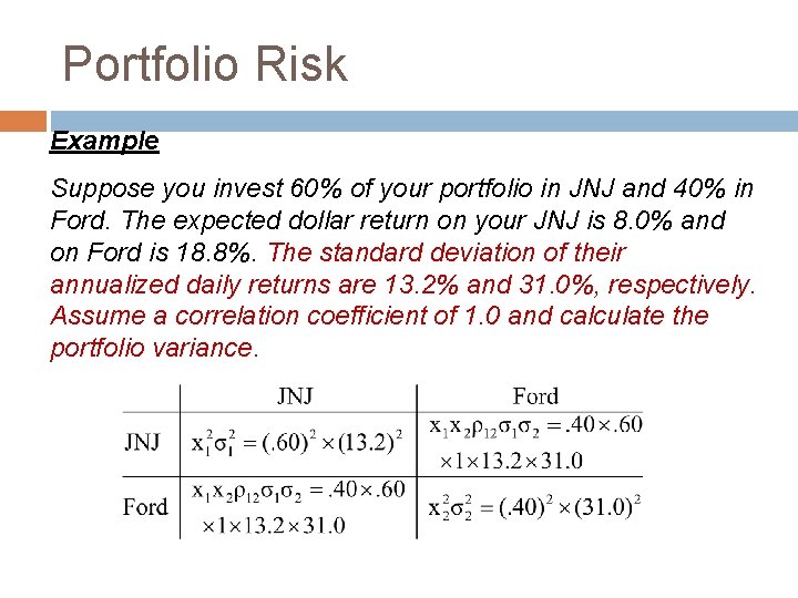 Portfolio Risk Example Suppose you invest 60% of your portfolio in JNJ and 40%