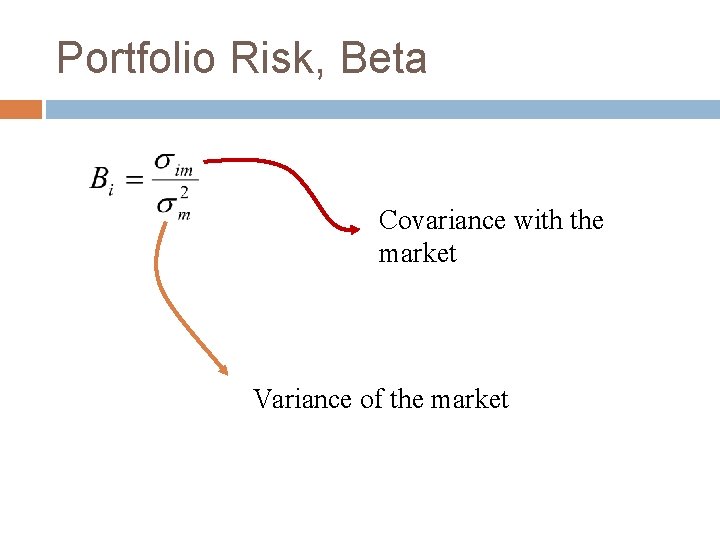 Portfolio Risk, Beta Covariance with the market Variance of the market 