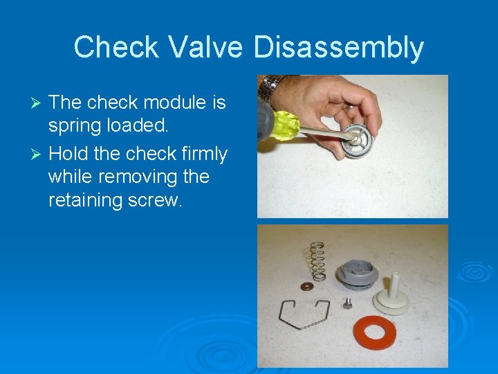 Check Valve Disassembly The check module is spring loaded. Ø Hold the check firmly