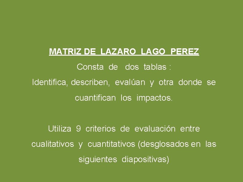 MATRIZ DE LAZARO LAGO PEREZ Consta de dos tablas : Identifica, describen, evalúan y