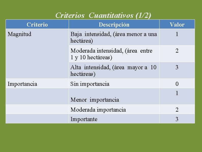 Criterios Cuantitativos (1/2) Criterio Magnitud Importancia Descripción Valor Baja intensidad, (área menor a una
