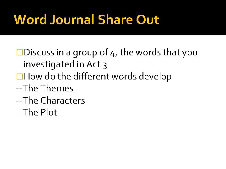 Word Journal Share Out �Discuss in a group of 4, the words that you