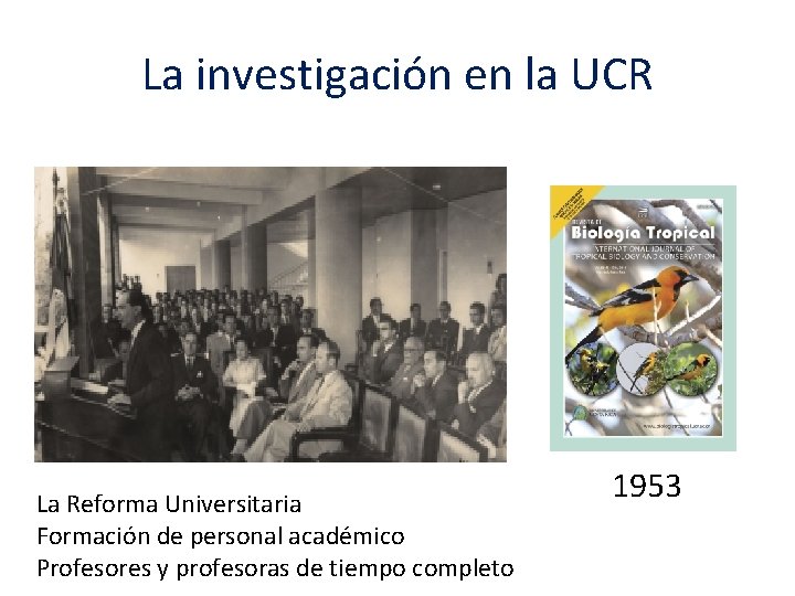 La investigación en la UCR La Reforma Universitaria Formación de personal académico Profesores y