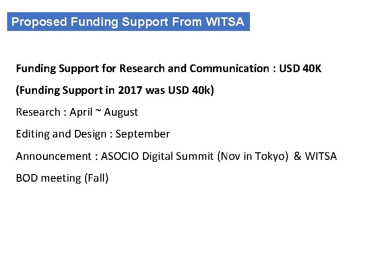 Proposed Funding Support From WITSA Funding Support for Research and Communication : USD 40