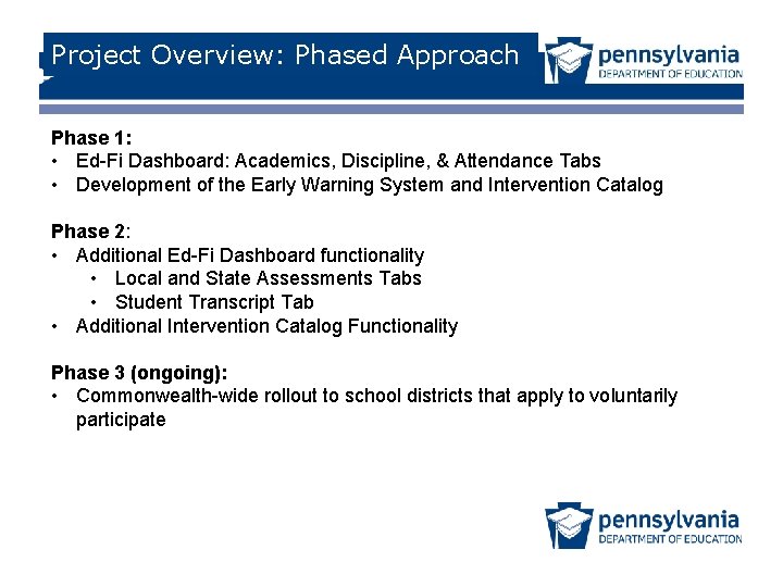 Project Overview: Phased Approach Phase 1: • Ed-Fi Dashboard: Academics, Discipline, & Attendance Tabs