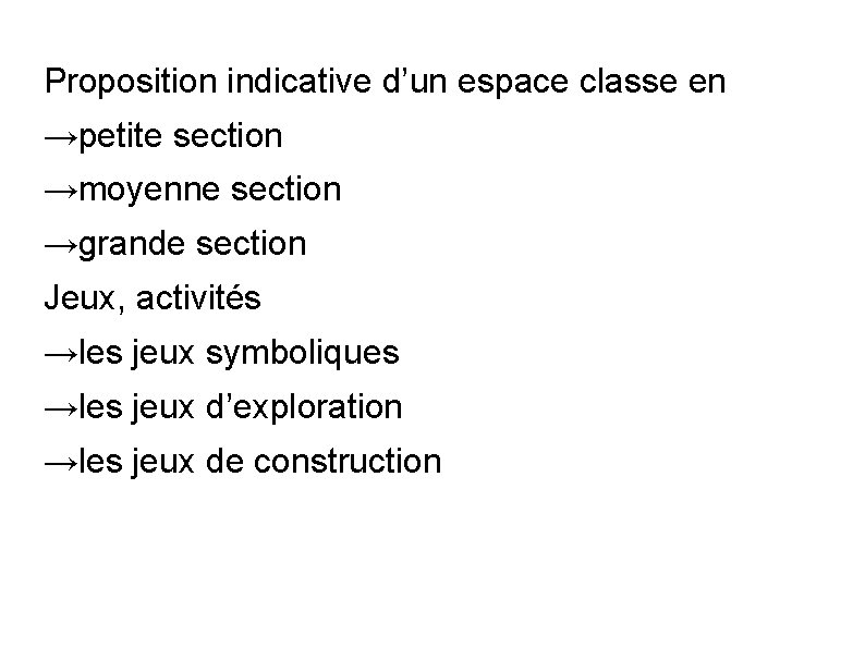 Proposition indicative d’un espace classe en →petite section →moyenne section →grande section Jeux, activités