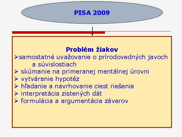 PISA 2009 Problém žiakov Øsamostatné uvažovanie o prírodovedných javoch a súvislostiach Ø skúmanie na