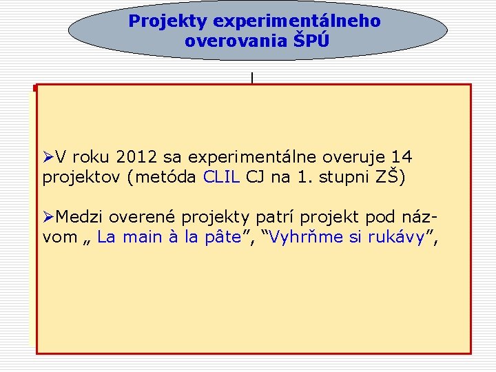 Projekty experimentálneho overovania ŠPÚ ØV roku 2012 sa experimentálne overuje 14 projektov (metóda CLIL