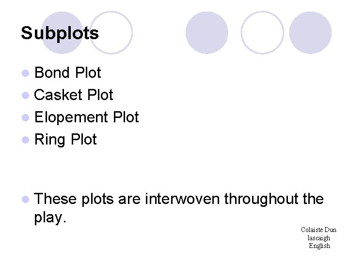 Subplots l Bond Plot l Casket Plot l Elopement Plot l Ring Plot l