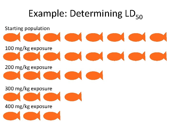 Example: Determining LD 50 Starting population 100 mg/kg exposure 200 mg/kg exposure 300 mg/kg