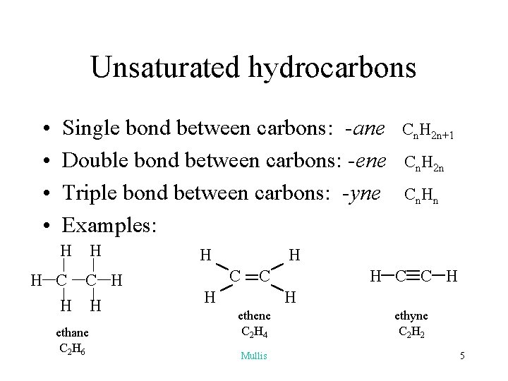 Unsaturated hydrocarbons • • Single bond between carbons: -ane Double bond between carbons: -ene