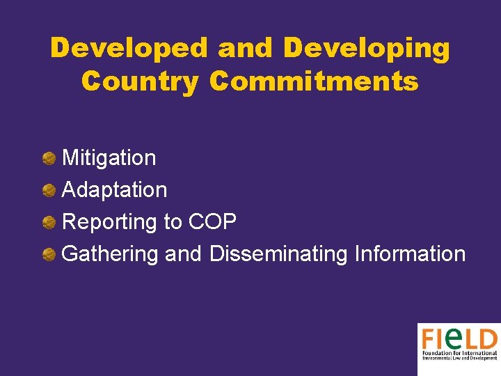 Developed and Developing Country Commitments Mitigation Adaptation Reporting to COP Gathering and Disseminating Information