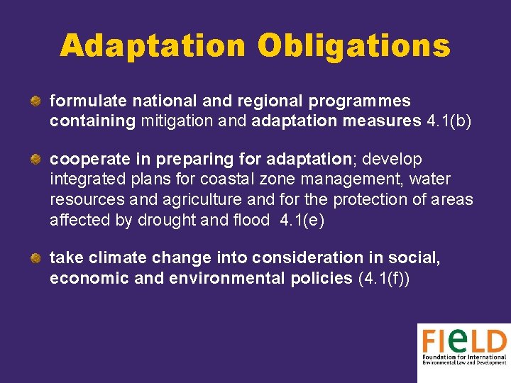 Adaptation Obligations formulate national and regional programmes containing mitigation and adaptation measures 4. 1(b)