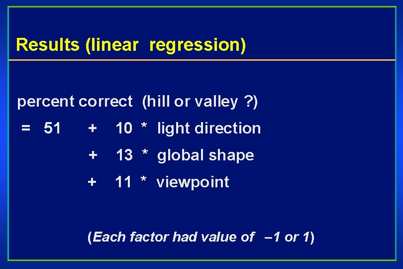 Results (linear regression) percent correct (hill or valley ? ) = 51 + 10