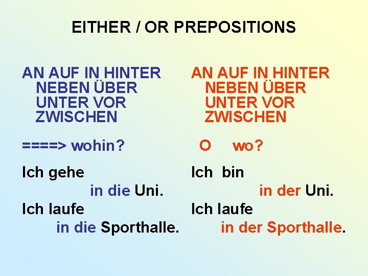 EITHER / OR PREPOSITIONS AN AUF IN HINTER NEBEN ÜBER UNTER VOR ZWISCHEN ====>