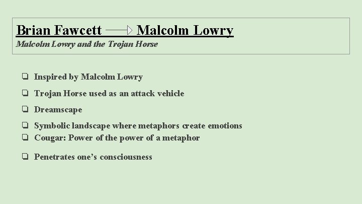 Brian Fawcett Malcolm Lowry and the Trojan Horse ❏ Inspired by Malcolm Lowry ❏