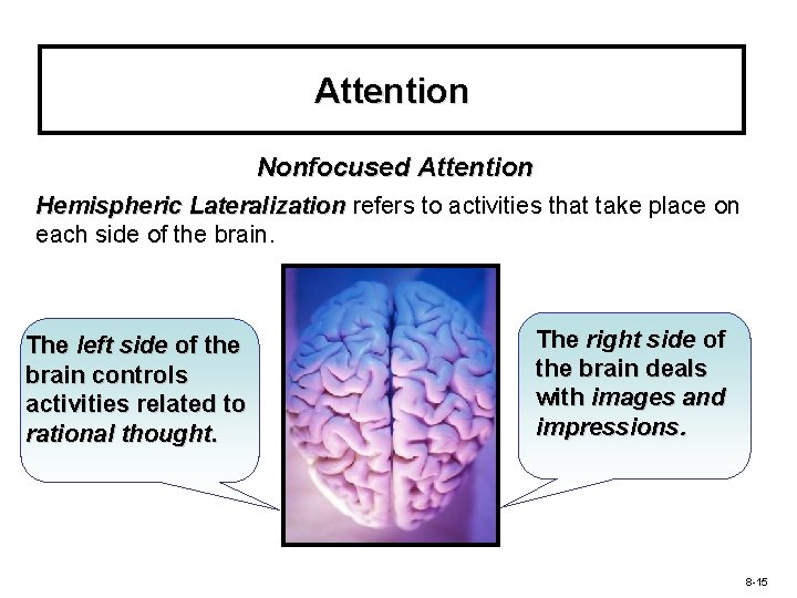 Attention Nonfocused Attention Hemispheric Lateralization refers to activities that take place on each side