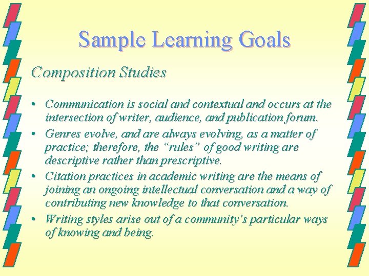 Sample Learning Goals Composition Studies • Communication is social and contextual and occurs at